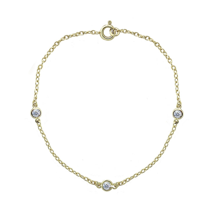 Yellow Gold Flashed Sterling Silver CZ Station Dainty Chain Bracelet, 7 Inches