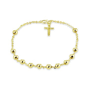 Yellow Gold Flashed Sterling Silver Bead Station Cross Chain Bracelet