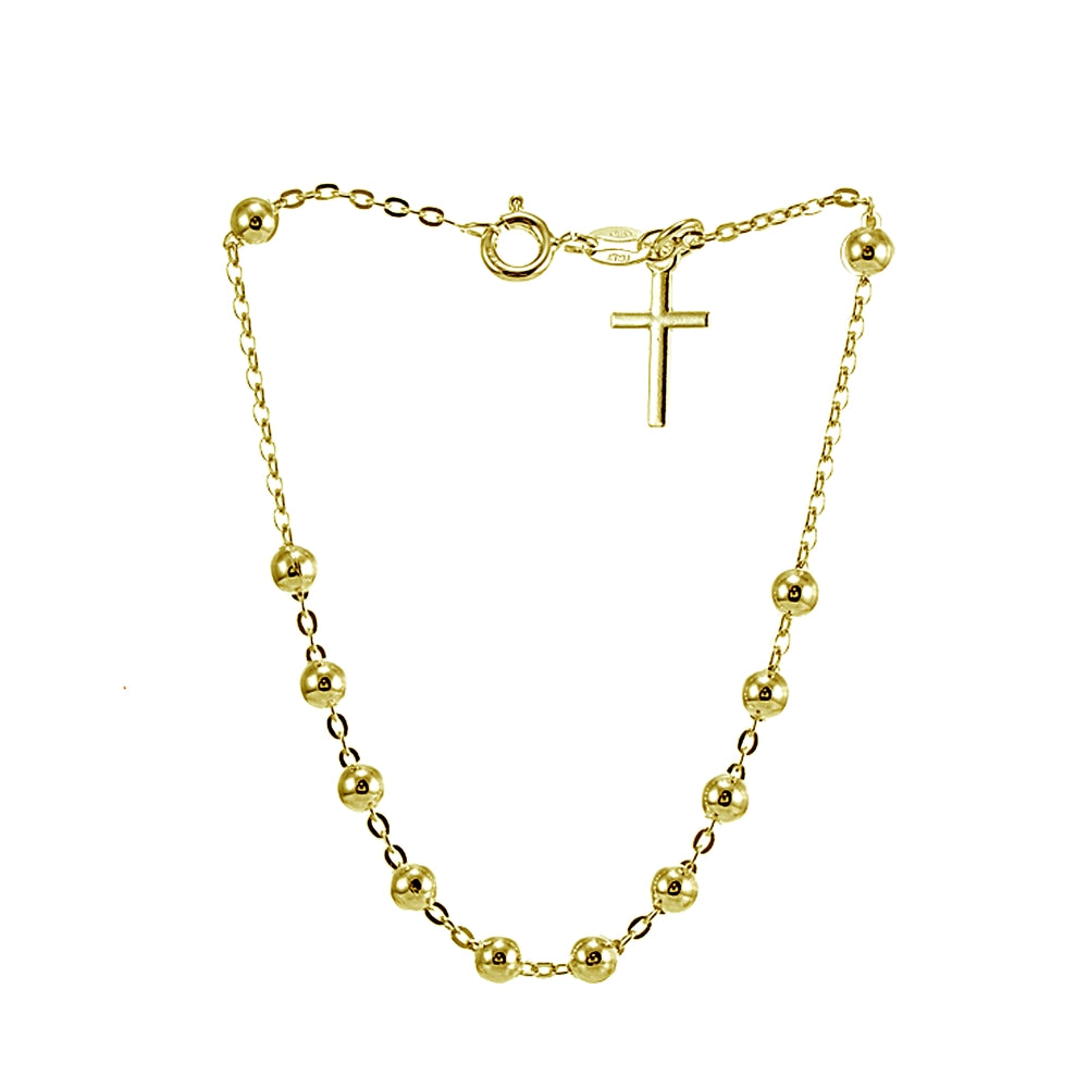 Yellow Gold Flashed Sterling Silver Bead Station Cross Chain Bracelet-3
