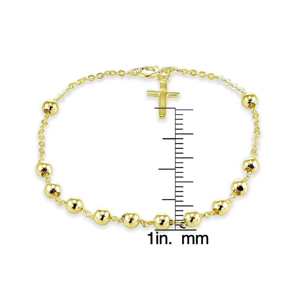 Yellow Gold Flashed Sterling Silver Bead Station Cross Chain Bracelet-5