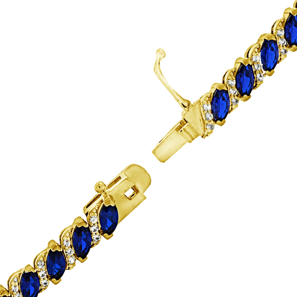 Yellow Gold Flashed Sterling Silver Created Blue Sapphire Marquise-cut 6x3mm Tennis Bracelet with White Topaz Accents-3