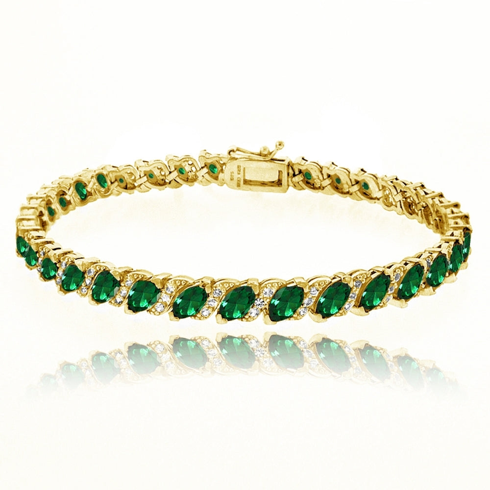 Yellow Gold Flashed Sterling Silver Simulated Emerald Marquise-cut 6x3mm Tennis Bracelet with White Topaz Accents