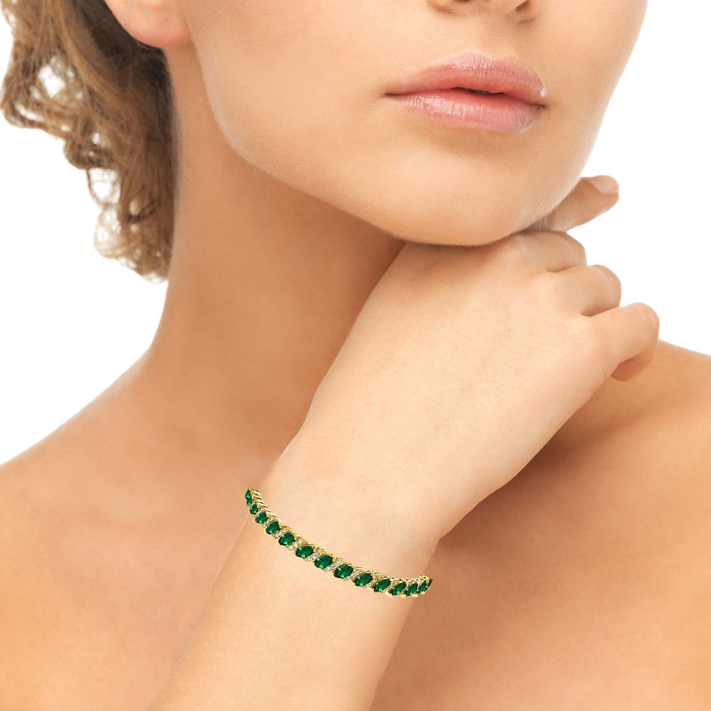 Yellow Gold Flashed Sterling Silver Simulated Emerald Marquise-cut 6x3mm Tennis Bracelet with White Topaz Accents-2