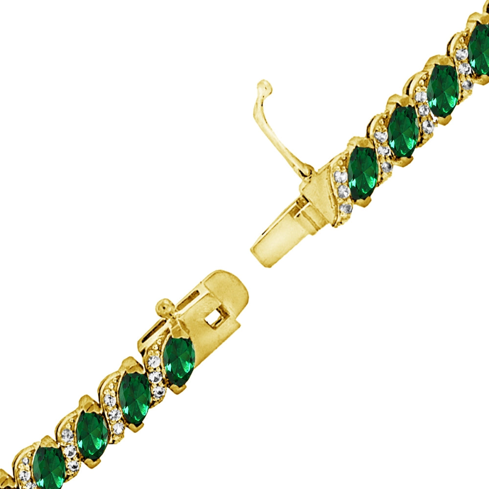 Yellow Gold Flashed Sterling Silver Simulated Emerald Marquise-cut 6x3mm Tennis Bracelet with White Topaz Accents-3