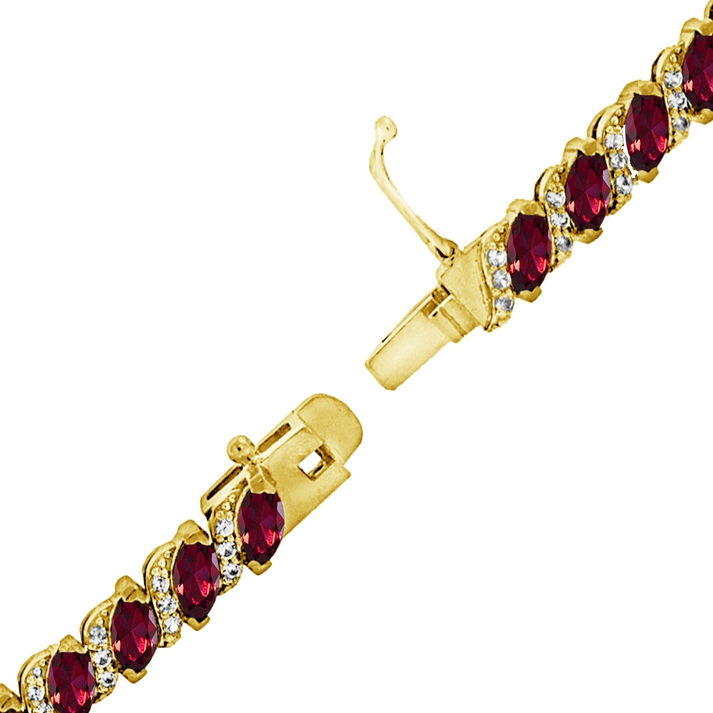 Yellow Gold Flashed Sterling Silver Created Ruby Marquise-cut 6x3mm Tennis Bracelet with White Topaz Accents-3