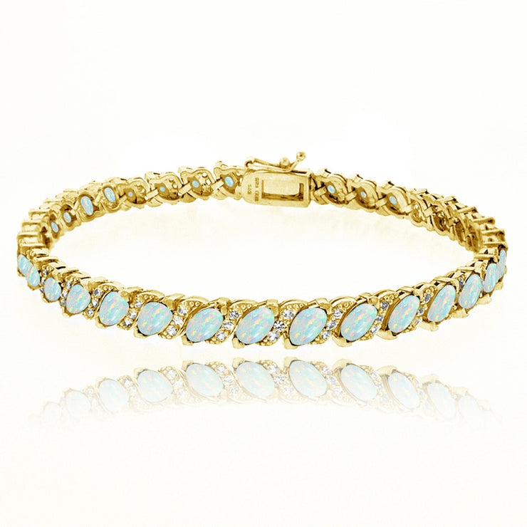 Yellow Gold Flashed Sterling Silver Created White Opal Marquise-cut 6x3mm Tennis Bracelet with White Topaz Accents