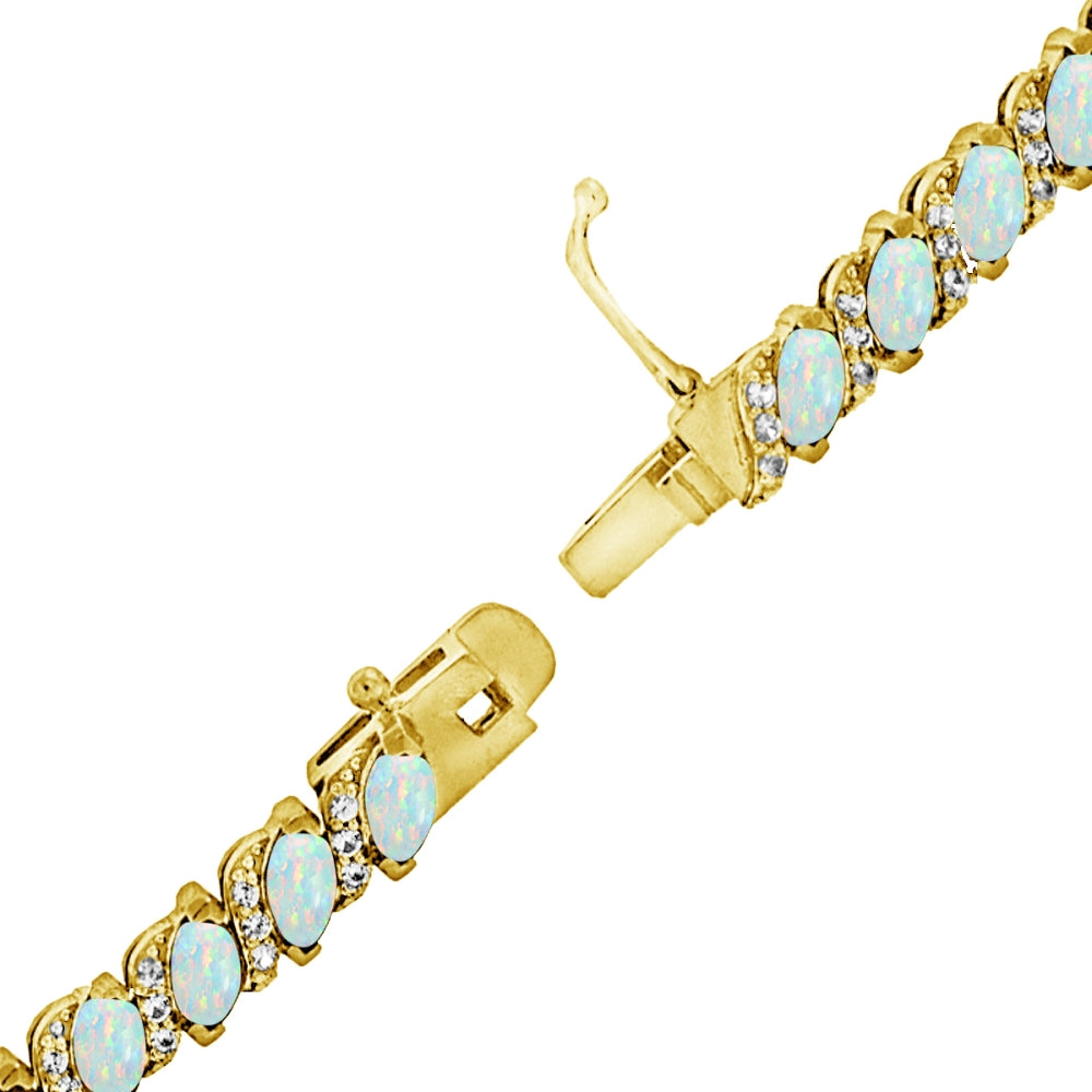 Yellow Gold Flashed Sterling Silver Created White Opal Marquise-cut 6x3mm Tennis Bracelet with White Topaz Accents-3