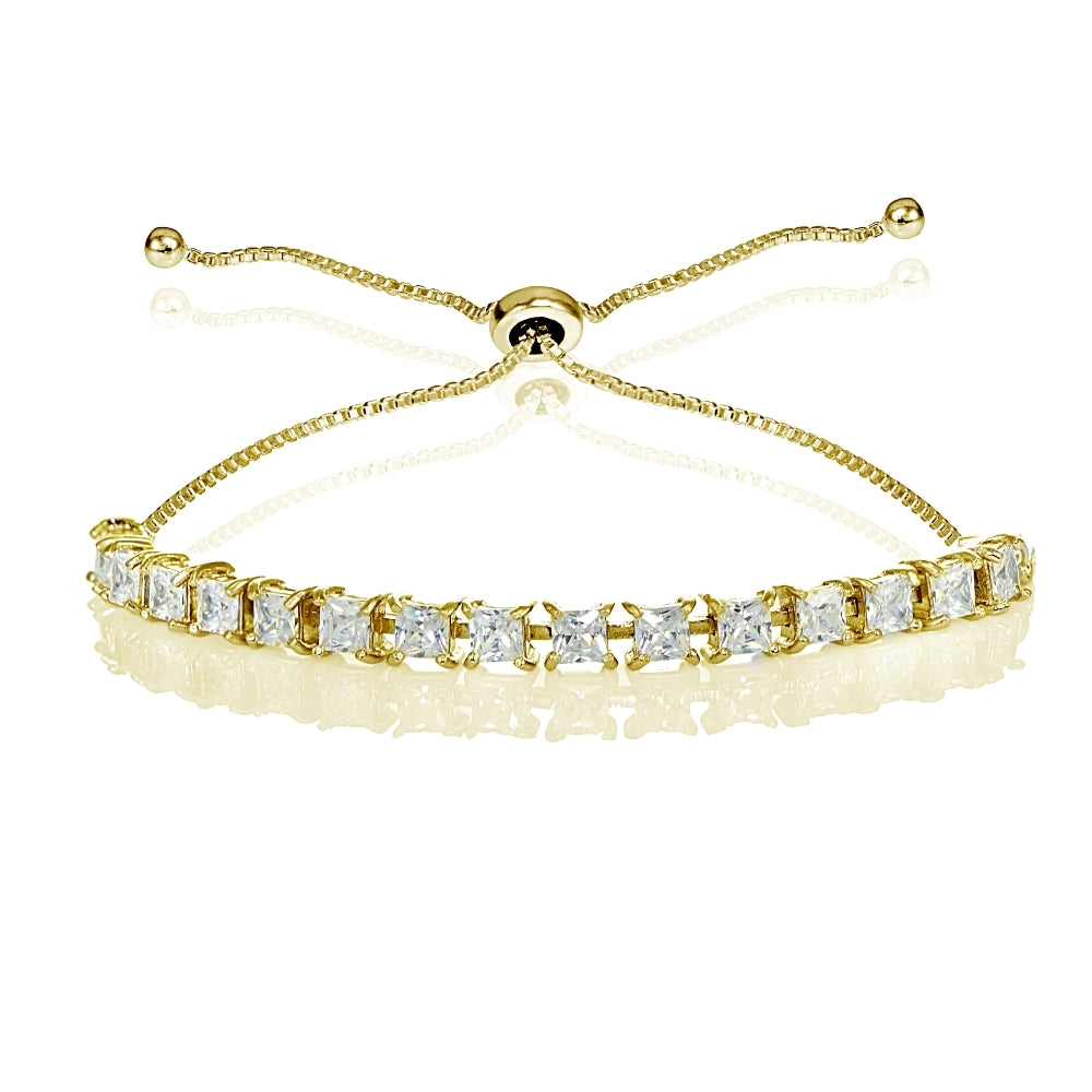Yellow Gold Flashed Sterling Silver 3mm Cubic Zirconia Princess-cut Adjustable Bolo Tennis Bracelet