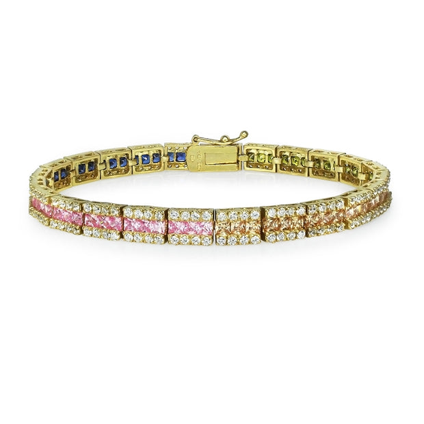 Yellow Gold Flashed Sterling Silver Multi-Color Cubic Zirconia Channel-Set Tennis Bracelet