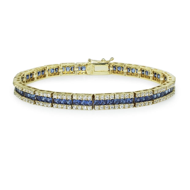 Yellow Gold Flashed Sterling Silver Blue Cubic Zirconia Channel-Set Tennis Bracelet