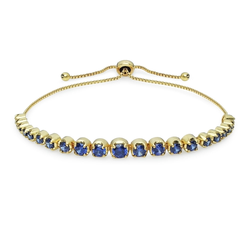 Yellow Gold Flashed Sterling Silver Blue Cubic Zirconia Round Graduated Adjustable Bolo Bracelet