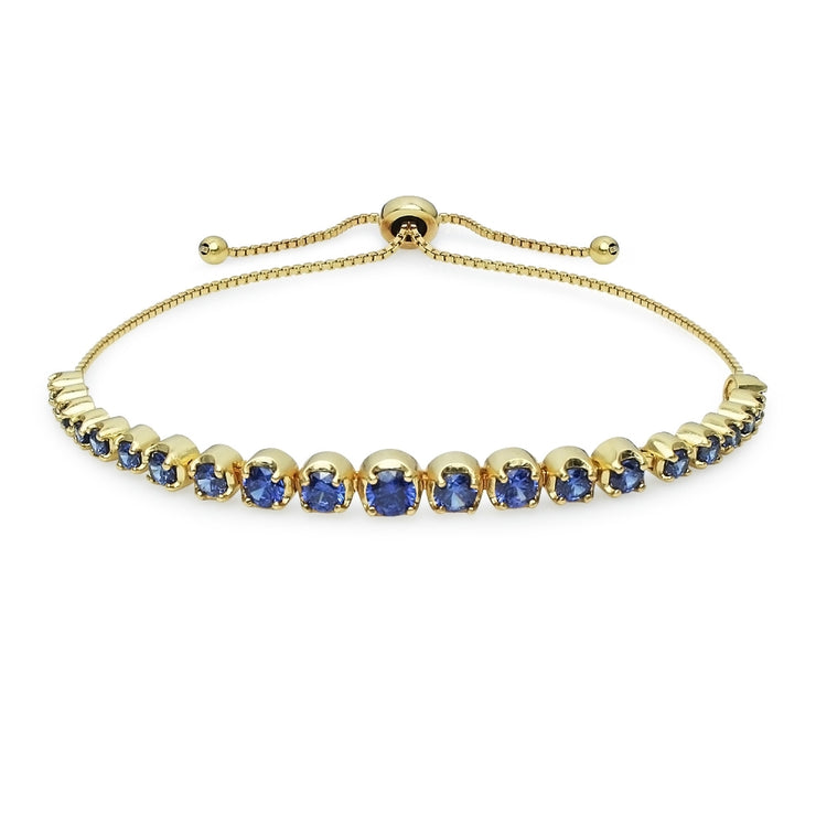 Yellow Gold Flashed Sterling Silver Blue Cubic Zirconia Round Graduated Adjustable Bolo Bracelet
