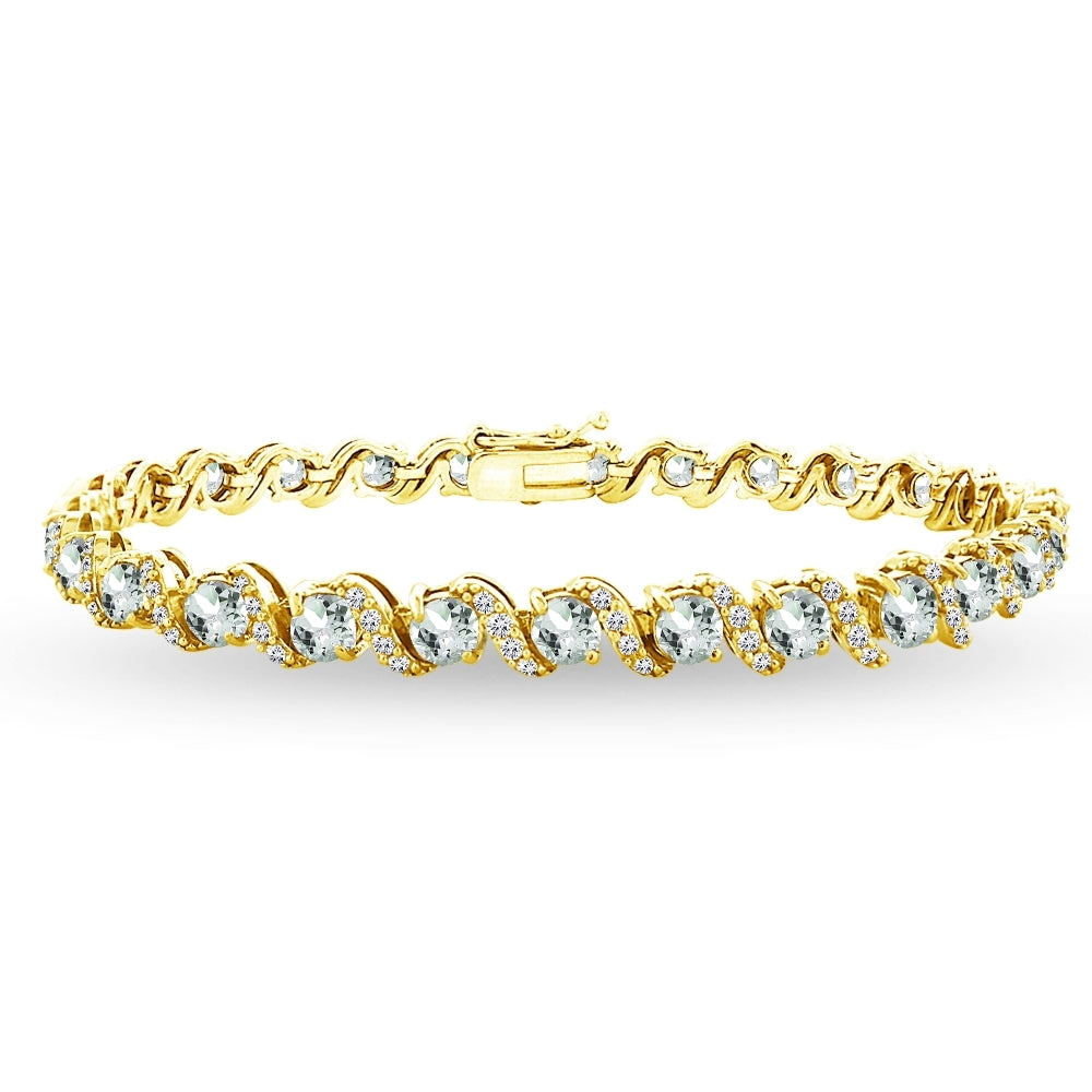 Yellow Gold Flashed Sterling Silver Aquamarine 4mm Round-Cut S Design Tennis Bracelet with White Topaz Accents