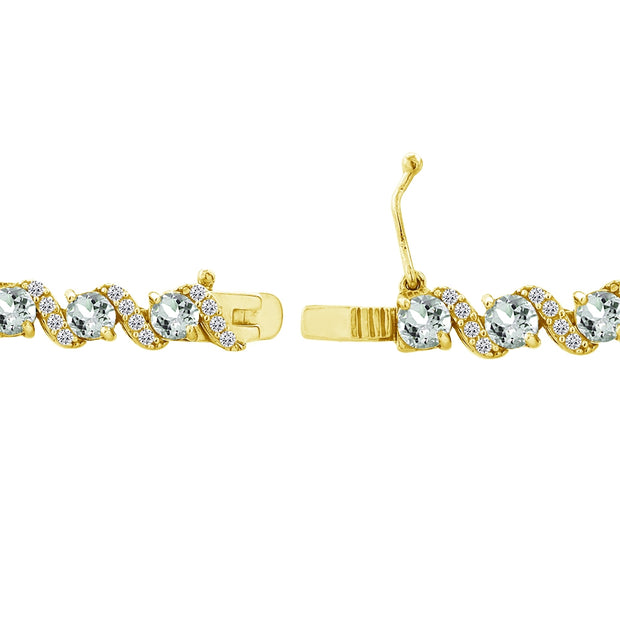 Yellow Gold Flashed Sterling Silver Aquamarine 4mm Round-Cut S Design Tennis Bracelet with White Topaz Accents