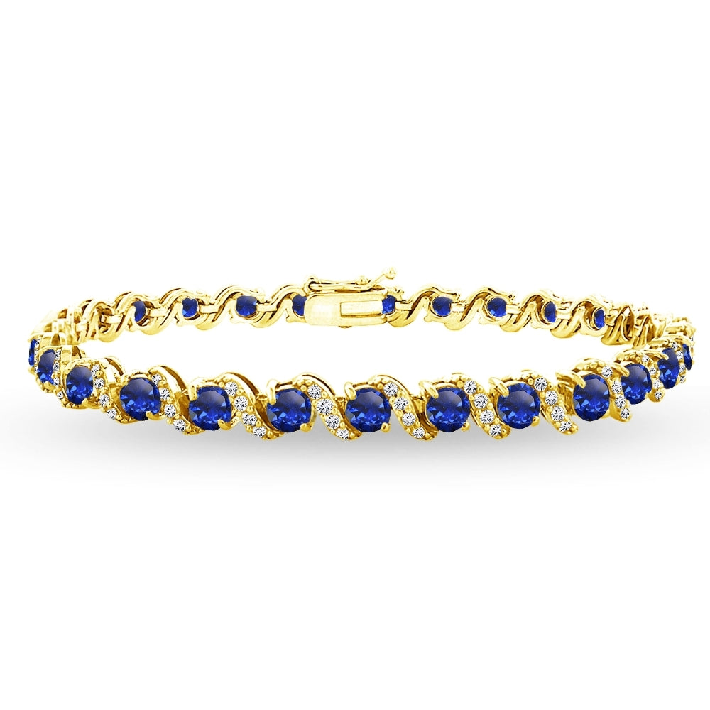 Yellow Gold Flashed Sterling Silver Created Blue Sapphire 4mm Round-Cut S Design Tennis Bracelet with White Topaz Accents