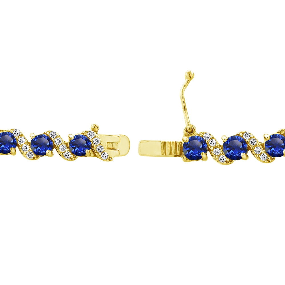Yellow Gold Flashed Sterling Silver Created Blue Sapphire 4mm Round-Cut S Design Tennis Bracelet with White Topaz Accents-2