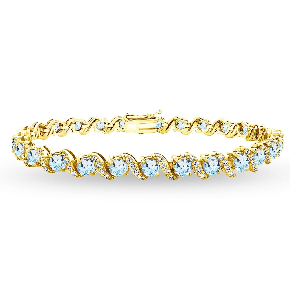 Yellow Gold Flashed Sterling Silver Blue Topaz 4mm Round-Cut S Design Tennis Bracelet with White Topaz Accents