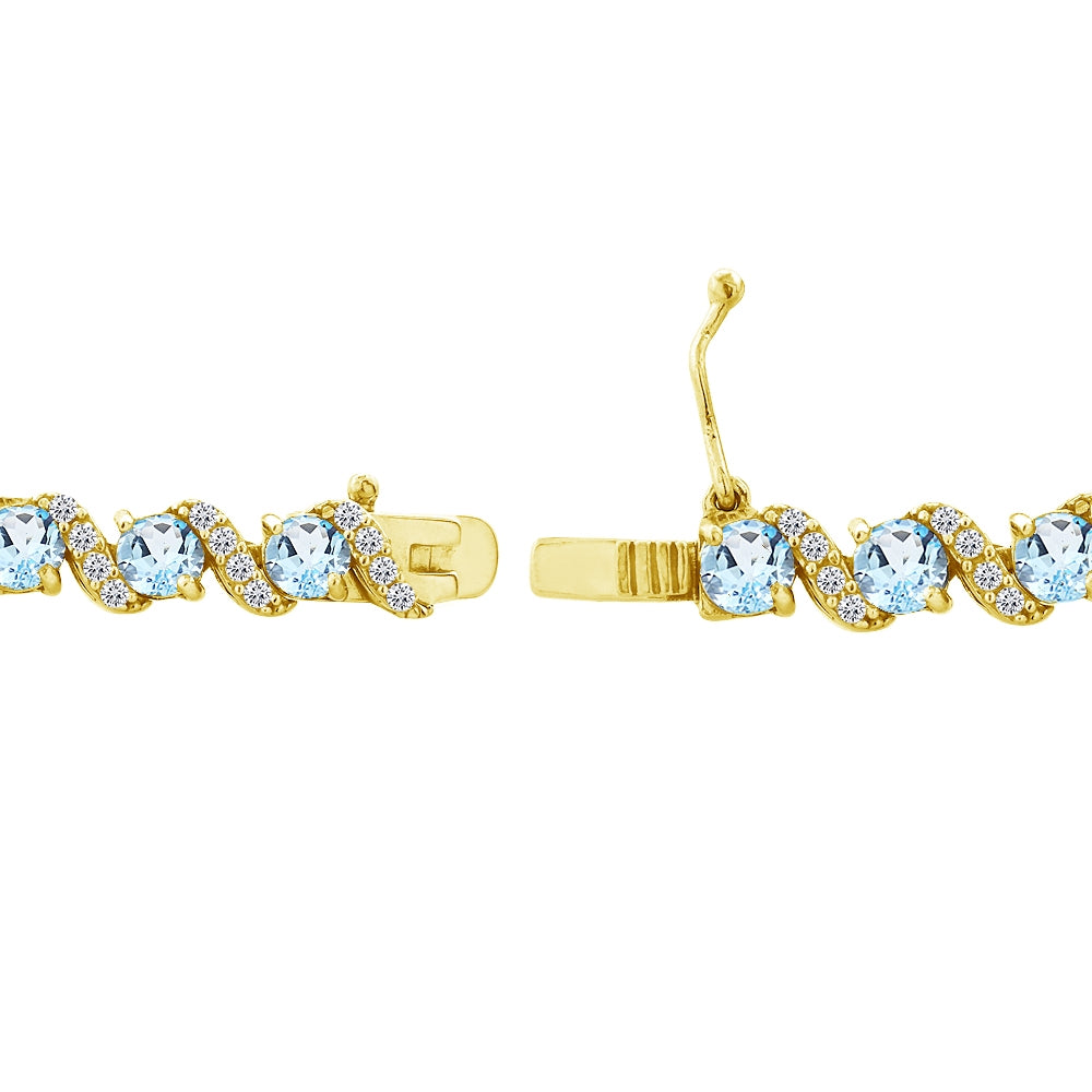 Yellow Gold Flashed Sterling Silver Blue Topaz 4mm Round-Cut S Design Tennis Bracelet with White Topaz Accents-2