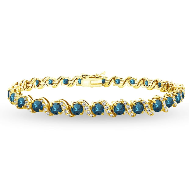 Yellow Gold Flashed Sterling Silver London Blue Topaz 4mm Round-Cut S Design Tennis Bracelet with White Topaz Accents