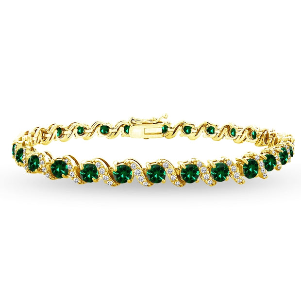 Yellow Gold Flashed Sterling Silver Simulated Emerald 4mm Round-Cut S Design Tennis Bracelet with White Topaz Accents