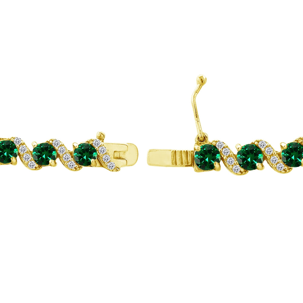 Yellow Gold Flashed Sterling Silver Simulated Emerald 4mm Round-Cut S Design Tennis Bracelet with White Topaz Accents-2