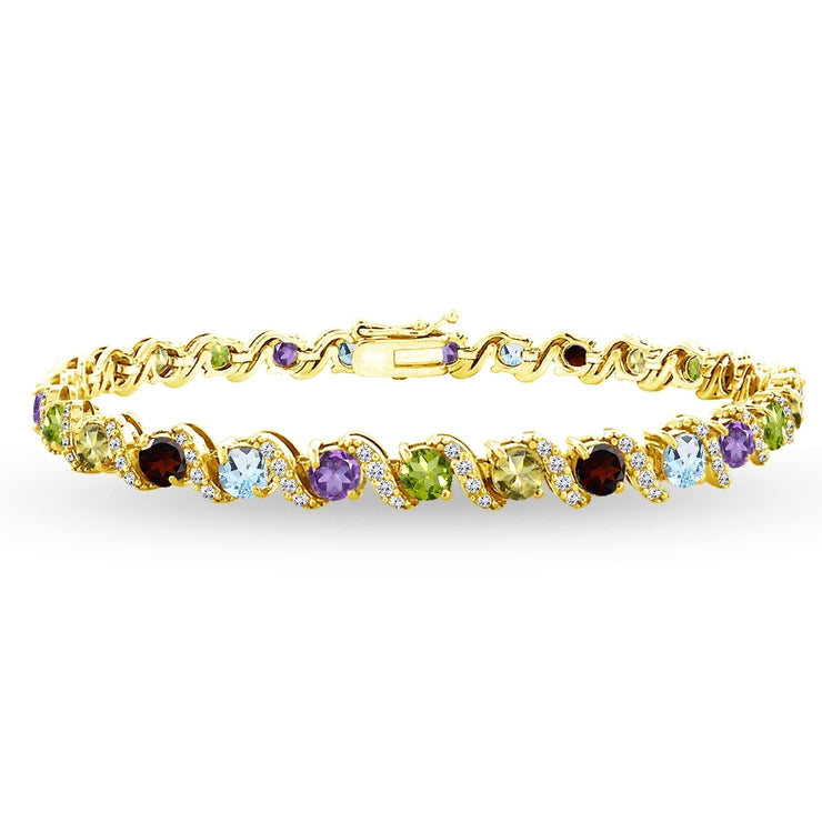 Yellow Gold Flash Sterling Silver Multi Gemstone 4mm Round-Cut S Design Tennis Bracelet with White Topaz Accents