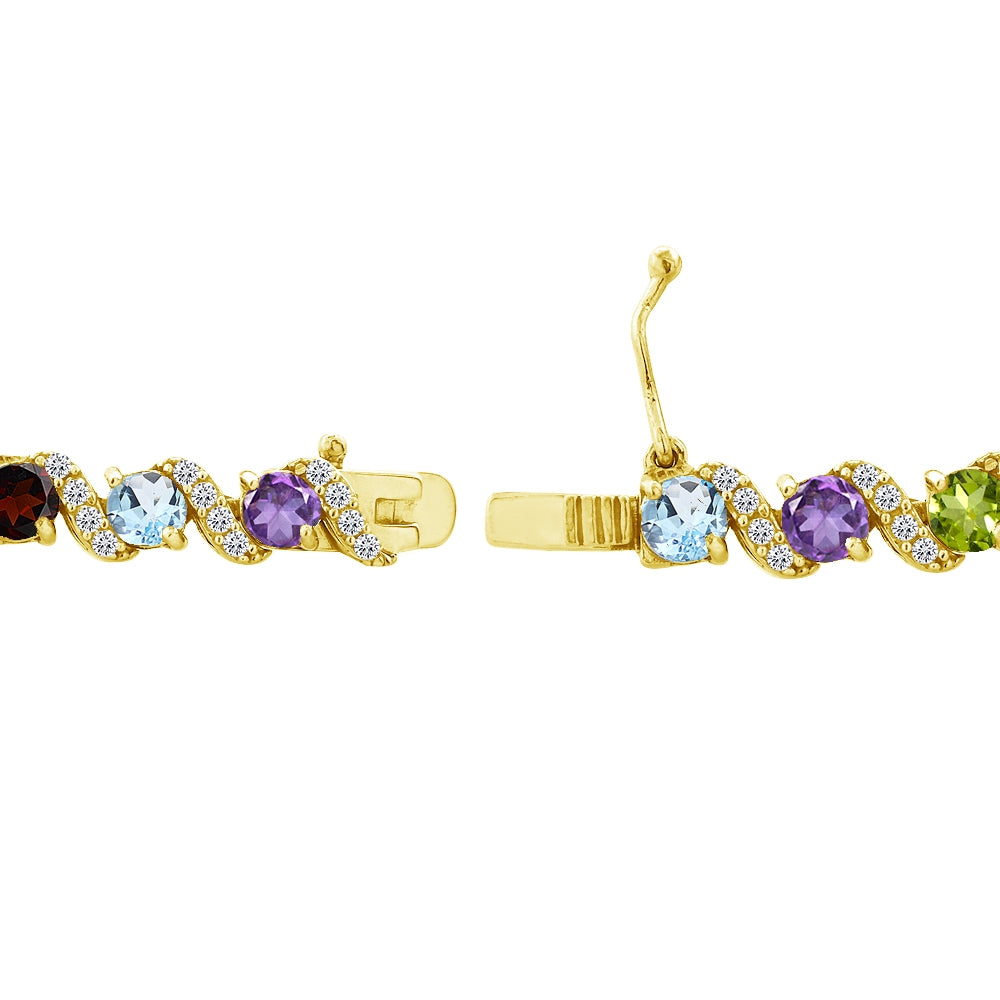 Yellow Gold Flash Sterling Silver Multi Gemstone 4mm Round-Cut S Design Tennis Bracelet with White Topaz Accents-2