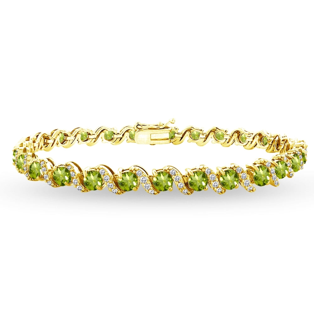 Yellow Gold Flashed Sterling Silver Periodot 4mm Round-Cut S Design Tennis Bracelet with White Topaz Accents