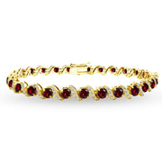 Yellow Gold Flashed Sterling Silver Created Ruby 4mm Round-Cut S Design Tennis Bracelet with White Topaz Accents
