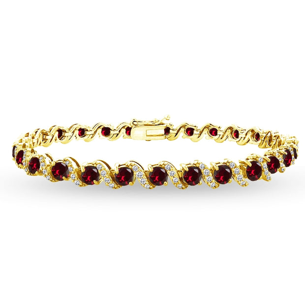 Yellow Gold Flashed Sterling Silver Created Ruby 4mm Round-Cut S Design Tennis Bracelet with White Topaz Accents
