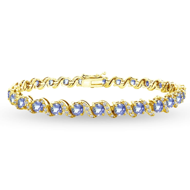 Yellow Gold Flashed Sterling Silver Tanzanite 4mm Round-Cut S Design Tennis Bracelet with White Topaz Accents