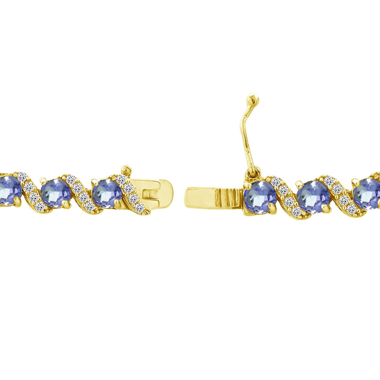 Yellow Gold Flashed Sterling Silver Tanzanite 4mm Round-Cut S Design Tennis Bracelet with White Topaz Accents