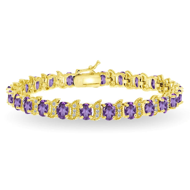 Yellow Gold Flashed Sterling Silver African Amethyst 6x4mm Oval and S Tennis Bracelet with White Topaz Accents