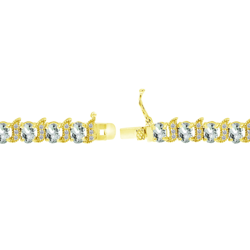 Yellow Gold Flashed Sterling Silver Aquamarine 6x4mm Oval and S Tennis Bracelet with White Topaz Accents-2