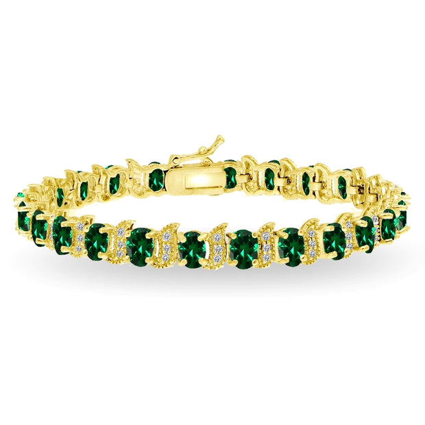 Yellow Gold Flashed Sterling Silver Created Emerald 6x4mm Oval and S Tennis Bracelet with White Topaz Accents