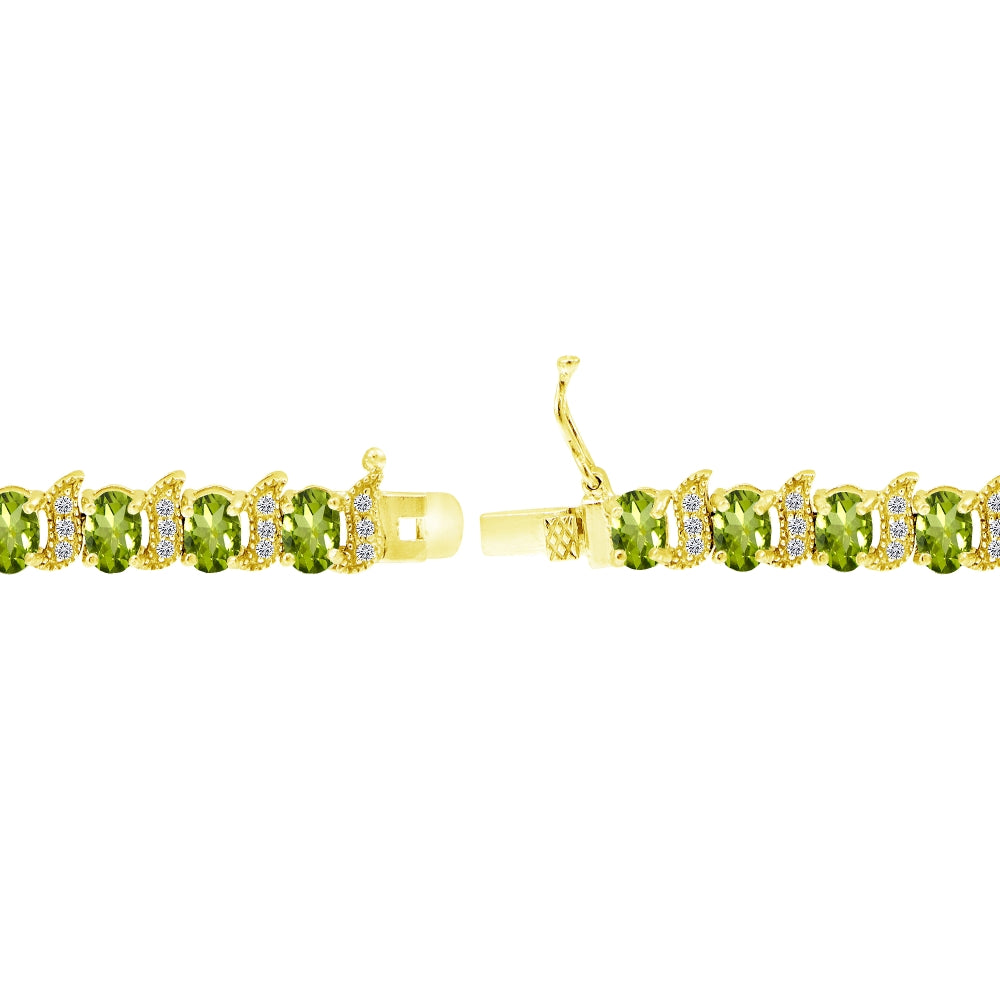 Yellow Gold Flashed Sterling Silver Peridot 6x4mm Oval and S Tennis Bracelet with White Topaz Accents-2