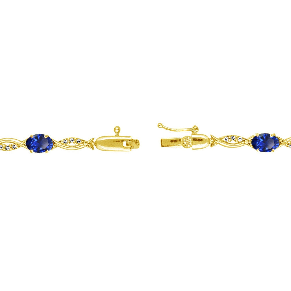 Yellow Gold Flashed Sterling Silver Created Blue Sapphire and White Topaz Oval-Cut Swirl Tennis Bracelet-2
