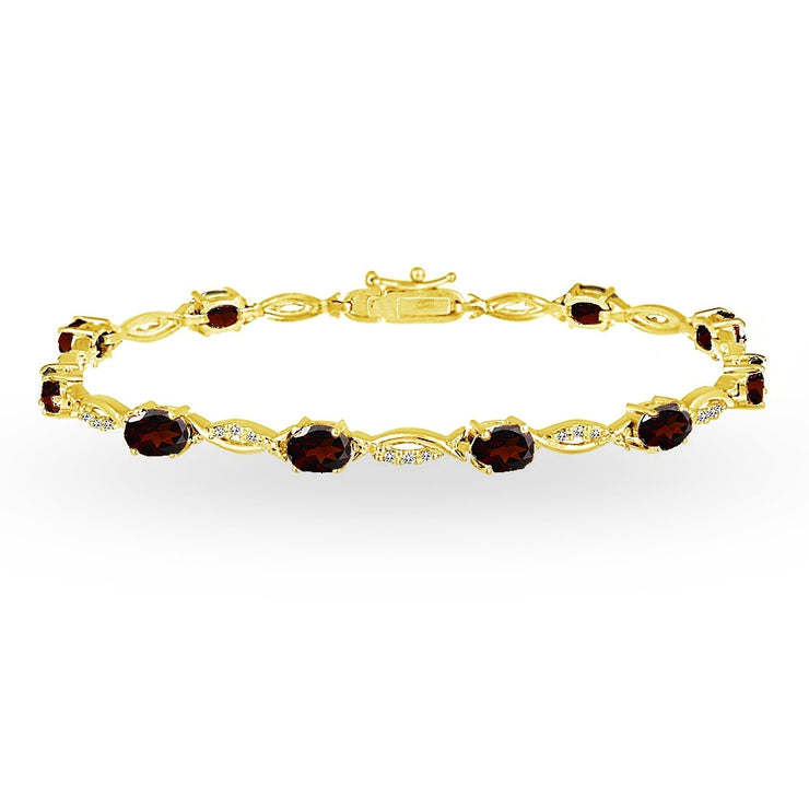 Yellow Gold Flashed Sterling Silver Garnet and White Topaz Oval-Cut Swirl Tennis Bracelet