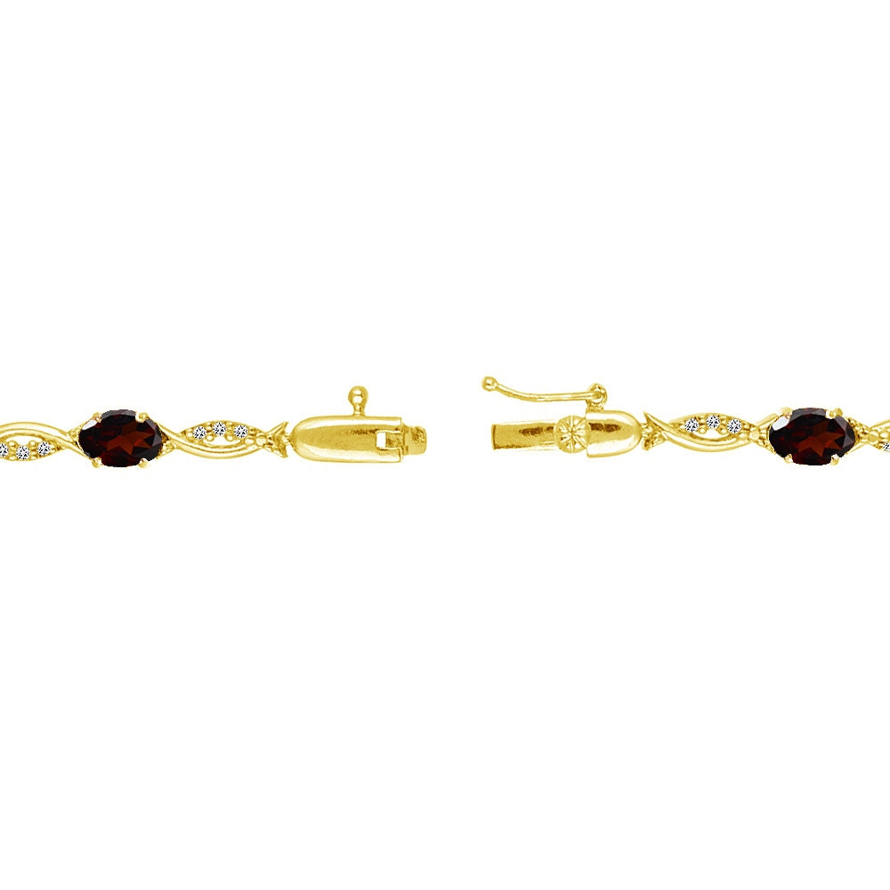 Yellow Gold Flashed Sterling Silver Garnet and White Topaz Oval-Cut Swirl Tennis Bracelet-2