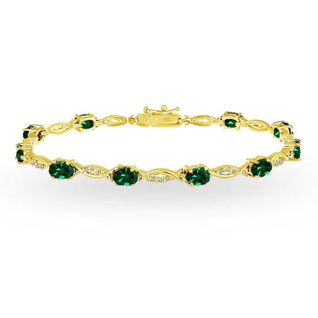 Yellow Gold Flashed Sterling Silver Created Emerald and White Topaz Oval-Cut Swirl Tennis Bracelet