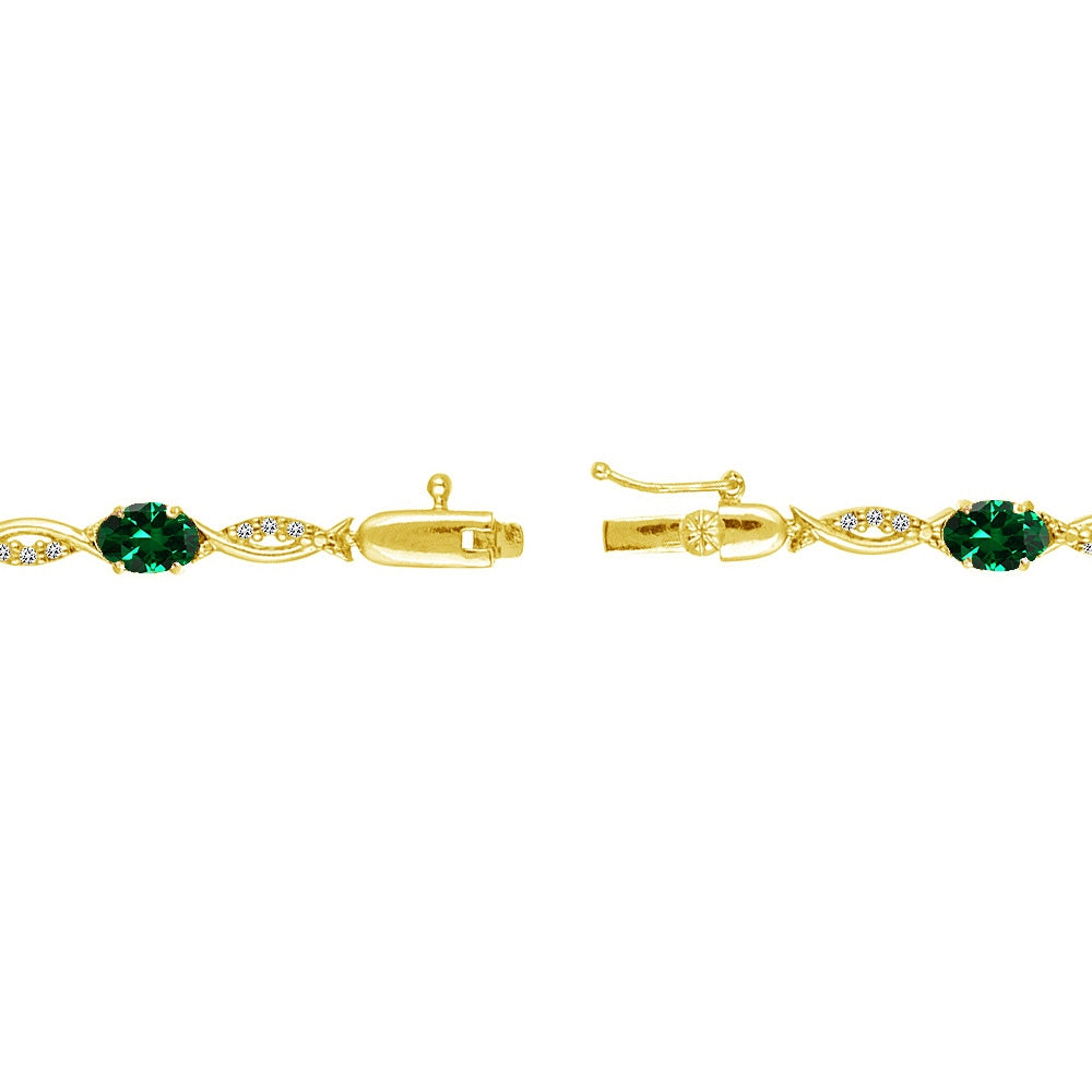 Yellow Gold Flashed Sterling Silver Created Emerald and White Topaz Oval-Cut Swirl Tennis Bracelet-2