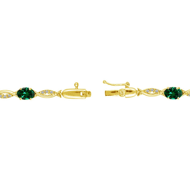 Yellow Gold Flashed Sterling Silver Created Emerald and White Topaz Oval-Cut Swirl Tennis Bracelet