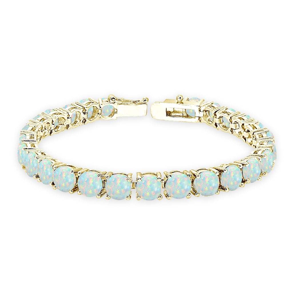 Yellow Gold Flashed Sterling Silver Created White Opal 6mm Round-cut Classic Tennis Bracelet