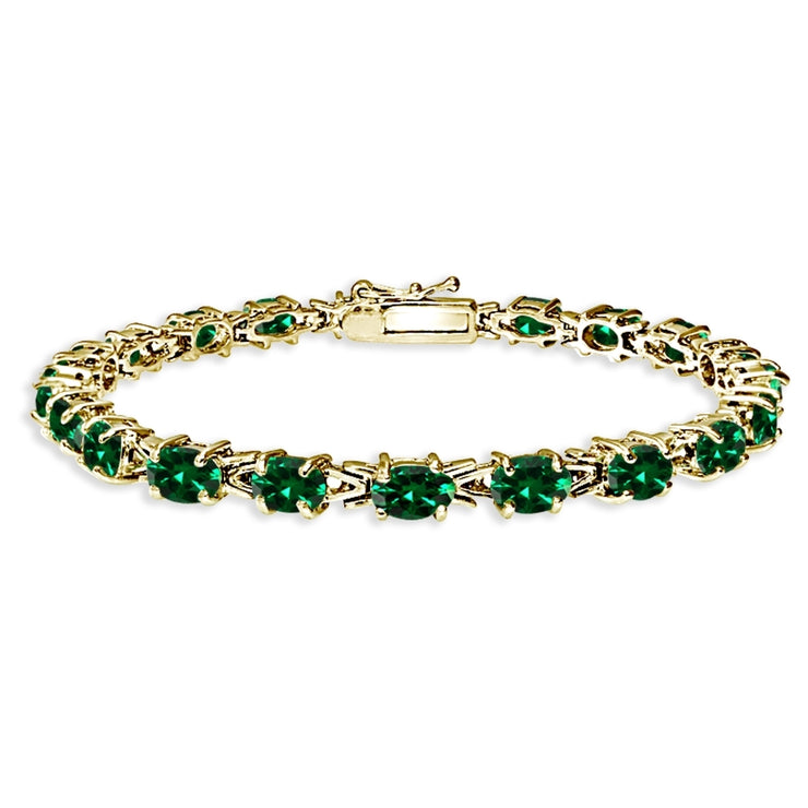 Yellow Gold Flashed Sterling Silver Polished Created Emerald 6x4mm Oval-cut Link Tennis Bracelet