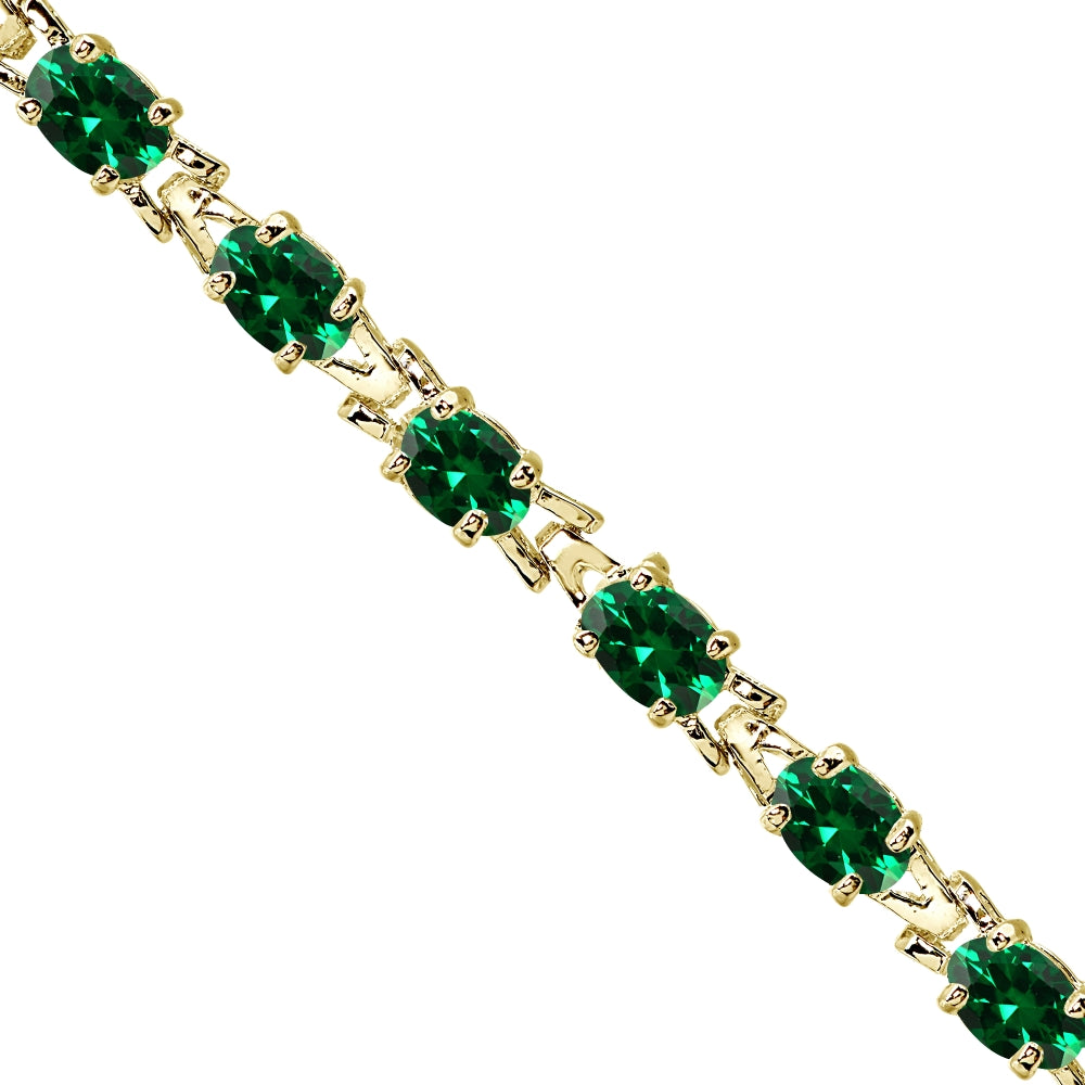 Yellow Gold Flashed Sterling Silver Polished Created Emerald 6x4mm Oval-cut Link Tennis Bracelet-2