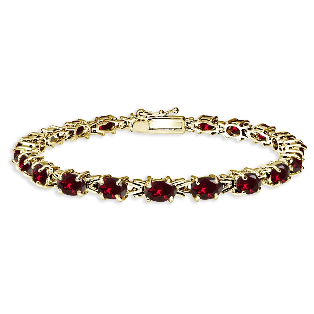 Yellow Gold Flashed Sterling Silver Polished Created Ruby 6x4mm Oval-cut Link Tennis Bracelet
