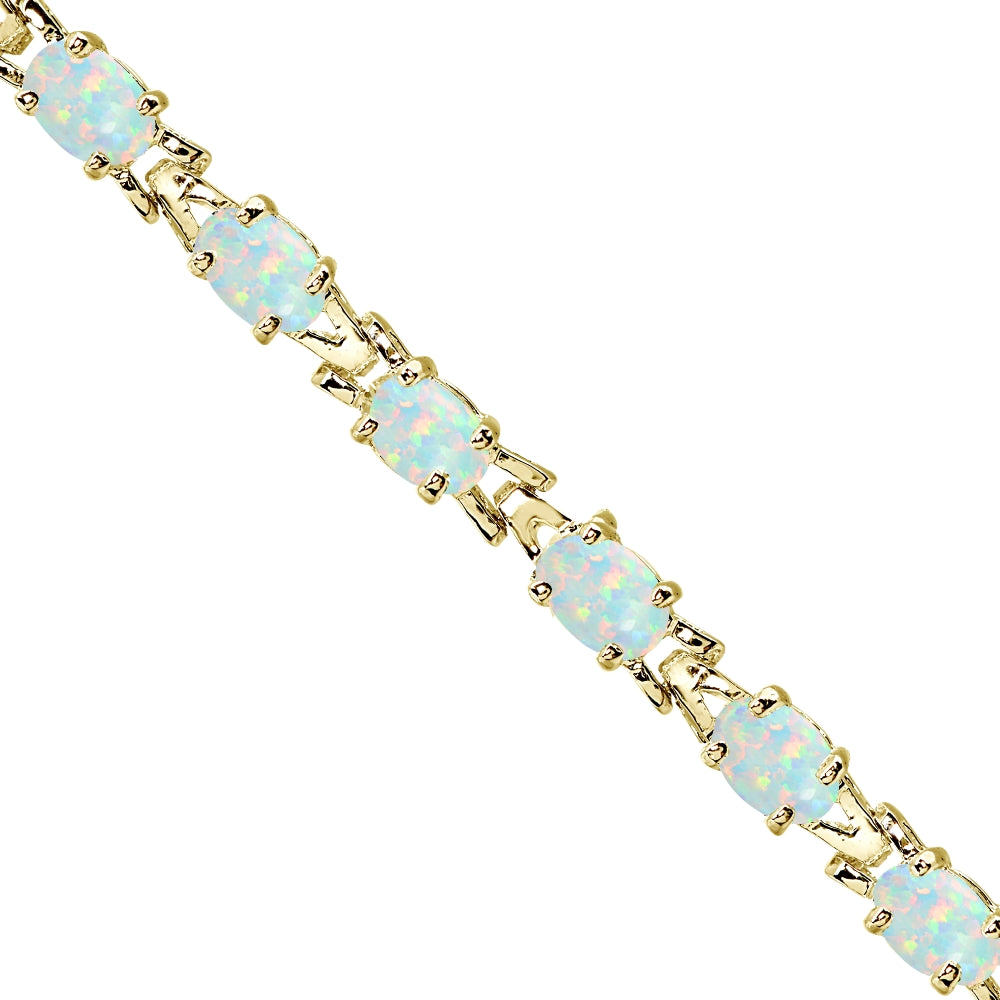 Yellow Gold Flashed Sterling Silver Polished Created White Opal 6x4mm Oval-cut Link Tennis Bracelet-2