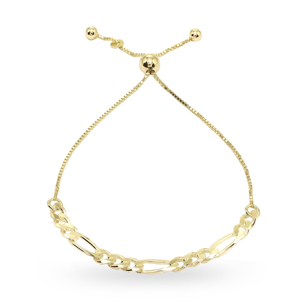 Yellow Gold Flashed Sterling Silver Thin Figaro Link Chain Adjustable Pull-String Bracelet-4
