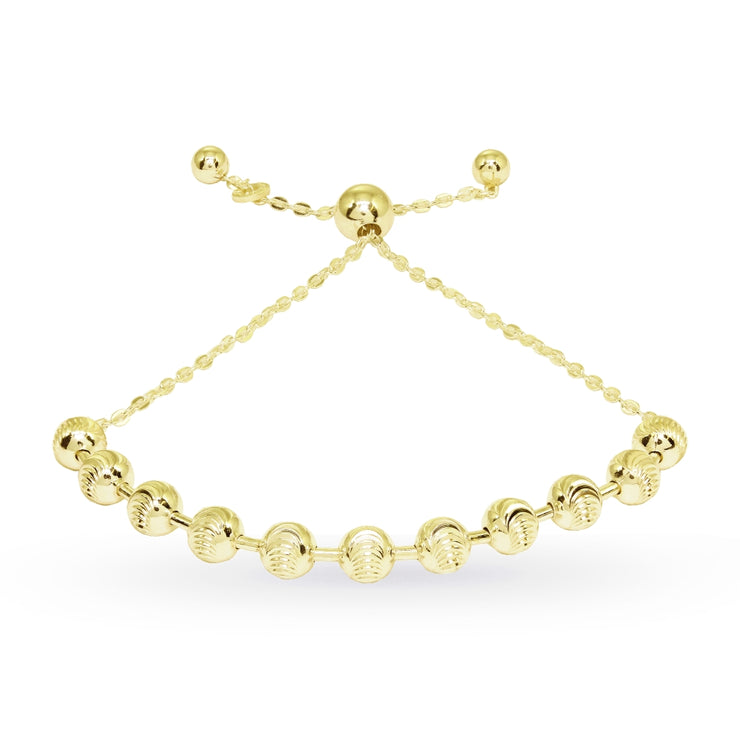 Yellow Gold Flashed Sterling Silver Textured Beads Bar Station Chain Adjustable Pull-String Bracelet