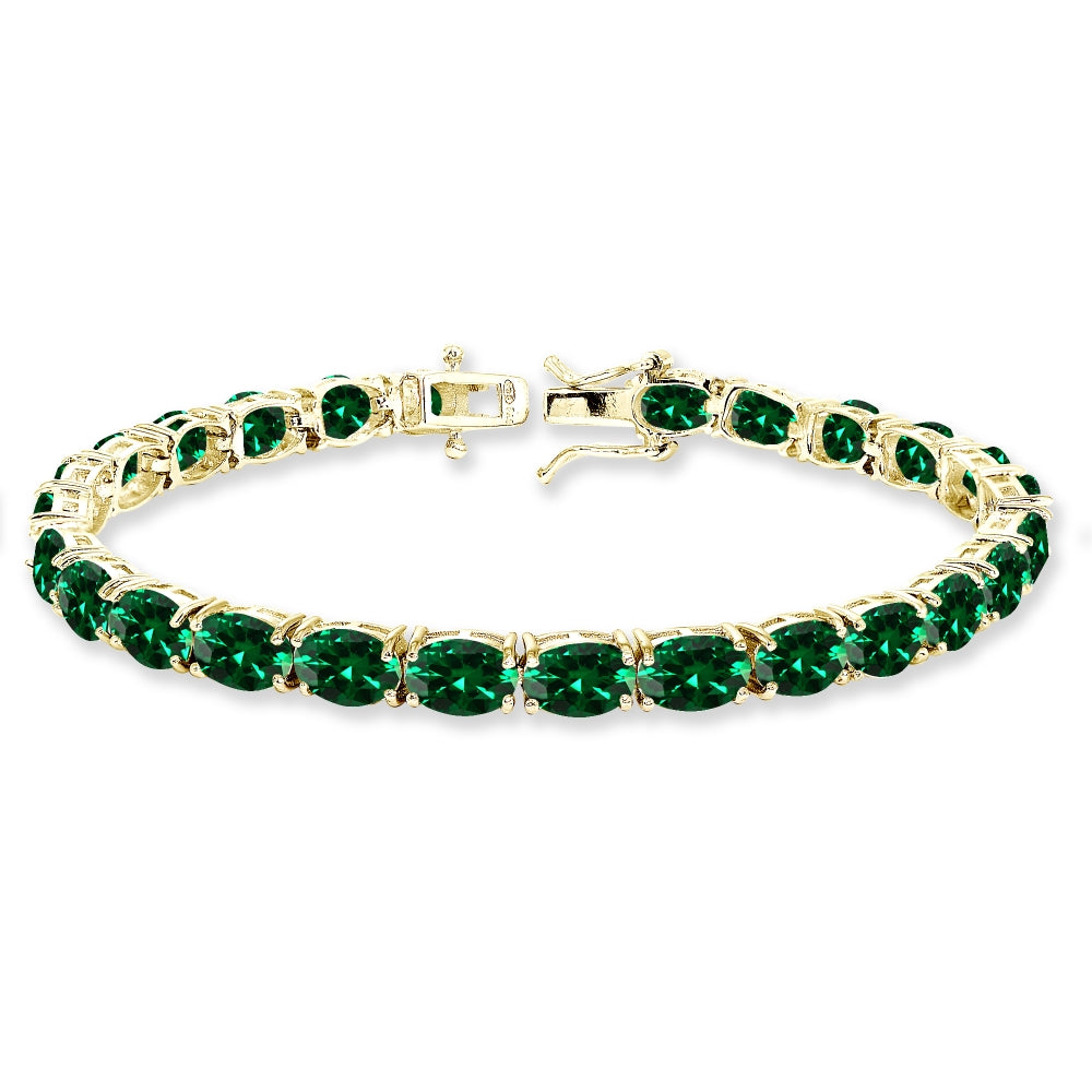 Yellow Gold Flashed Sterling Silver 7x5mm Created Emerald Oval-cut Classic Tennis Bracelet